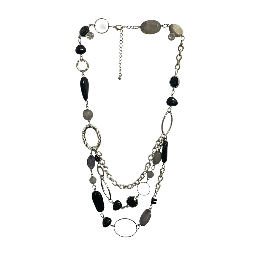 Silver Tone Multi Strand Statement Necklace Black Gray Beaded Layered 21 Inch